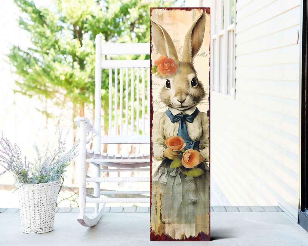 36" Off White And Blue Solid Wood Bunny Porch Sign