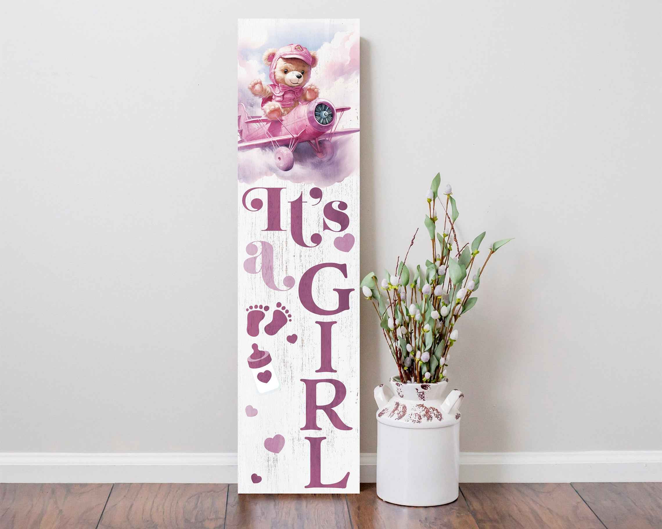 36" Pink And White Solid Wood New Baby Porch Sign
