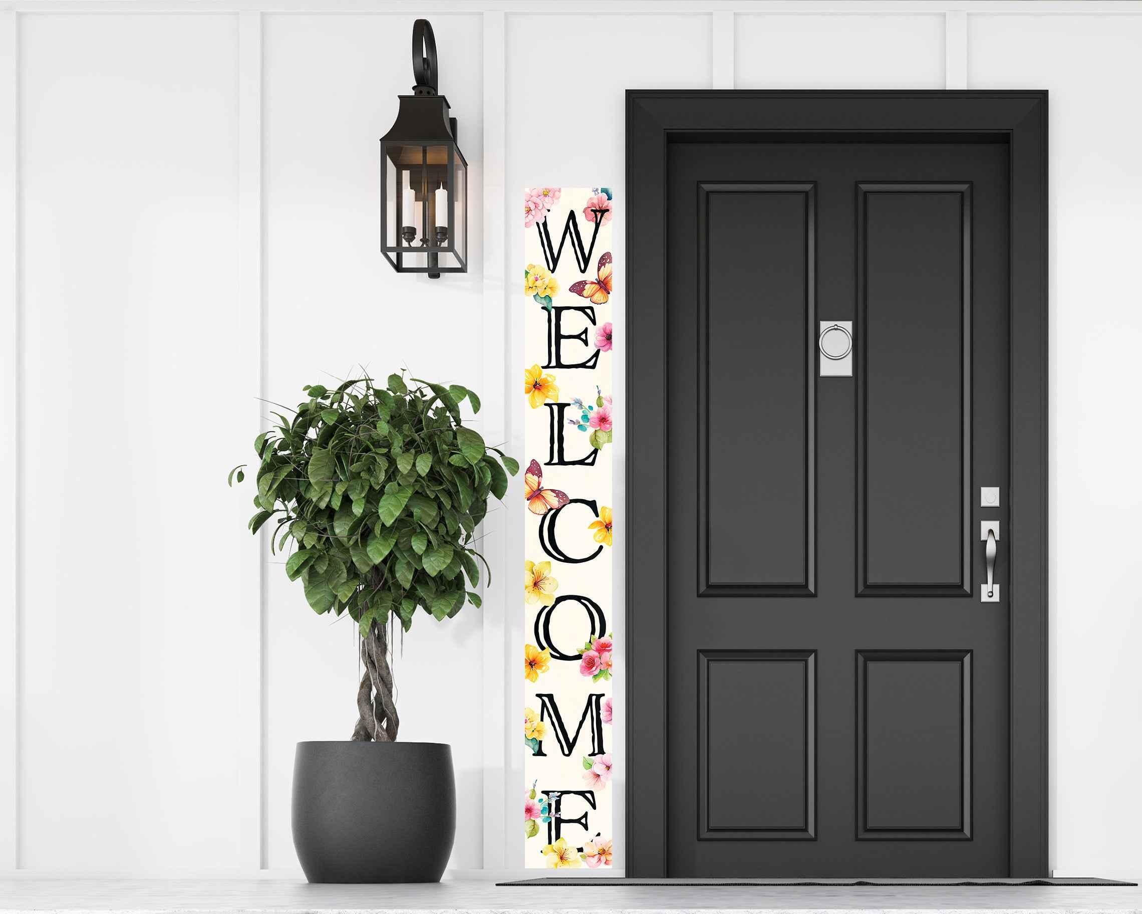 72" White Black And Pink Solid Wood Watercolor Floral Welcome Porch Sign