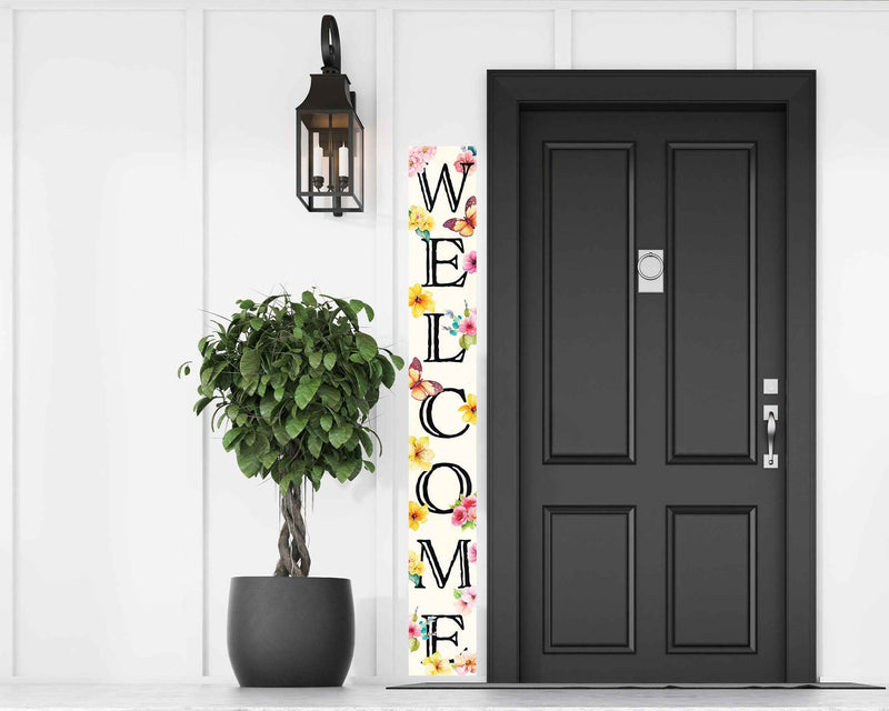 72" White Black And Pink Solid Wood Watercolor Floral Welcome Porch Sign