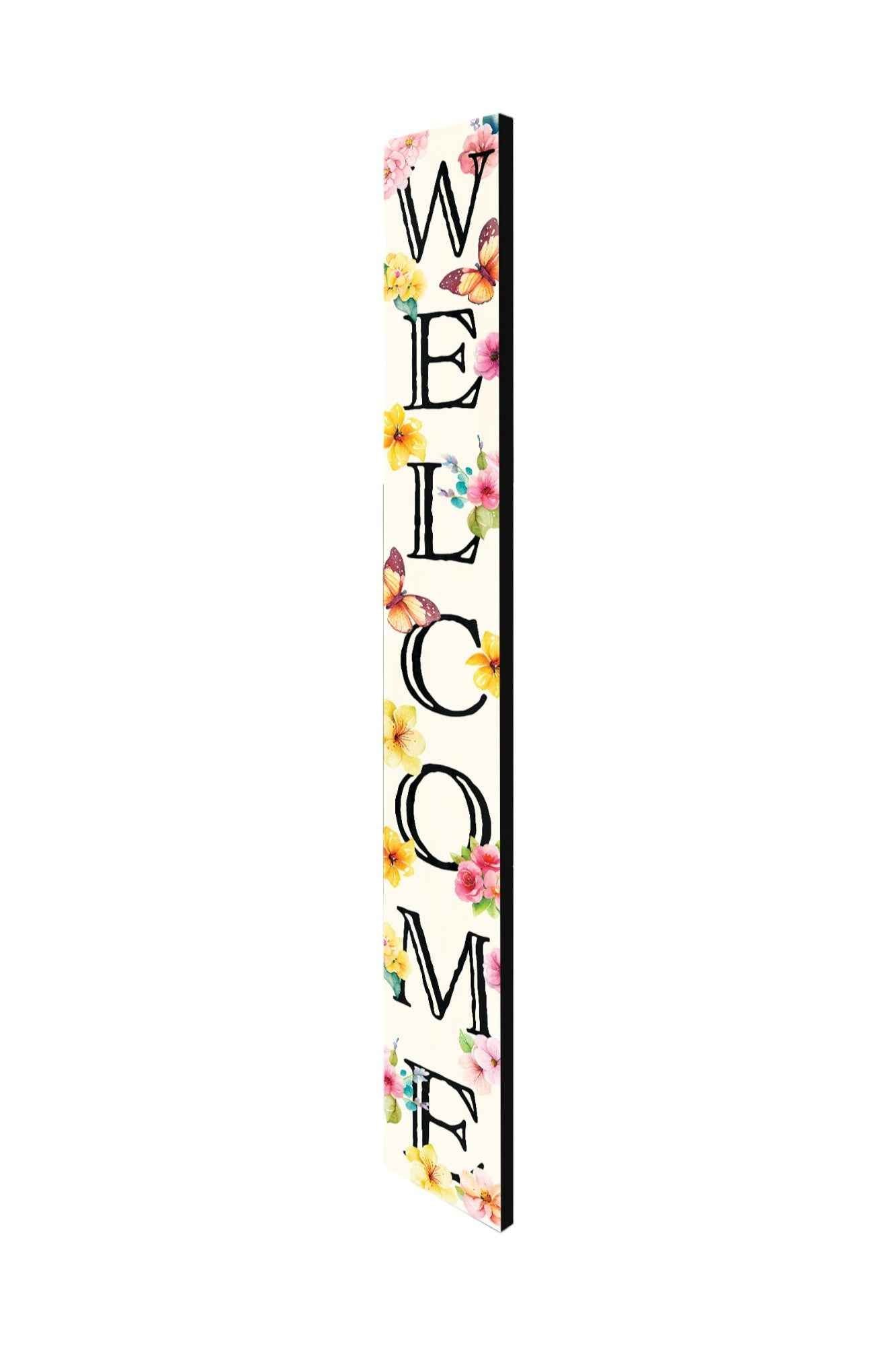 72" White Black And Pink Solid Wood Watercolor Floral Welcome Porch Sign