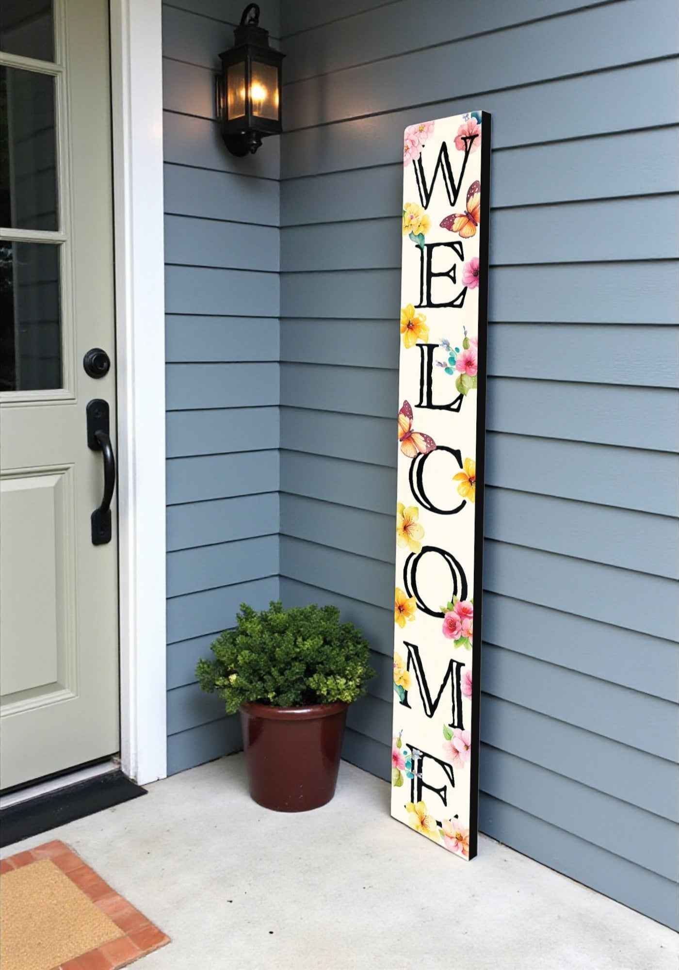 72" White Black And Pink Solid Wood Watercolor Floral Welcome Porch Sign