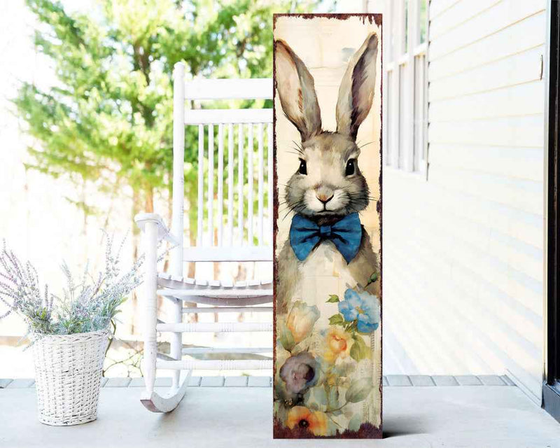 36" Off White And Blue White Solid Wood Bunny Porch Sign