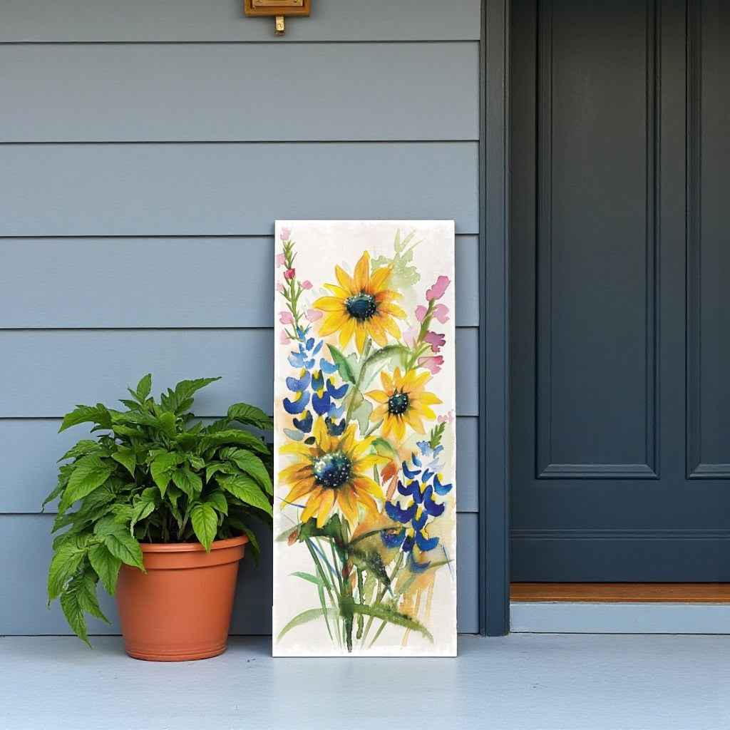36"White  Blue Green And Yellow Solid Wood Sunflowers Porch Sign