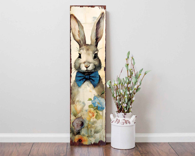 36" Off White And Blue White Solid Wood Bunny Porch Sign