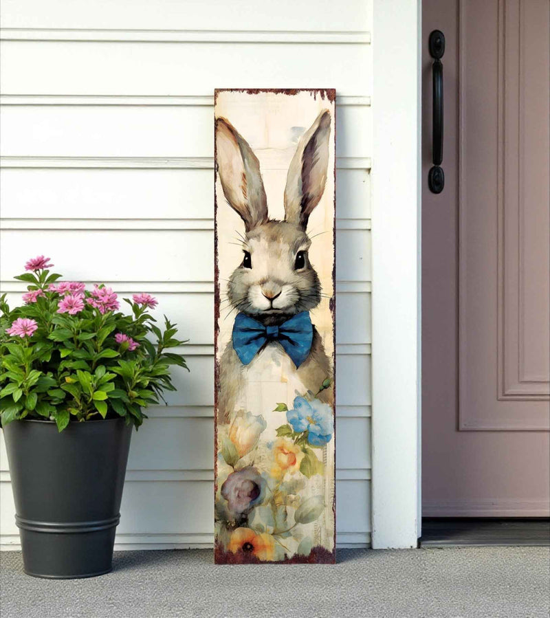 36" Off White And Blue White Solid Wood Bunny Porch Sign