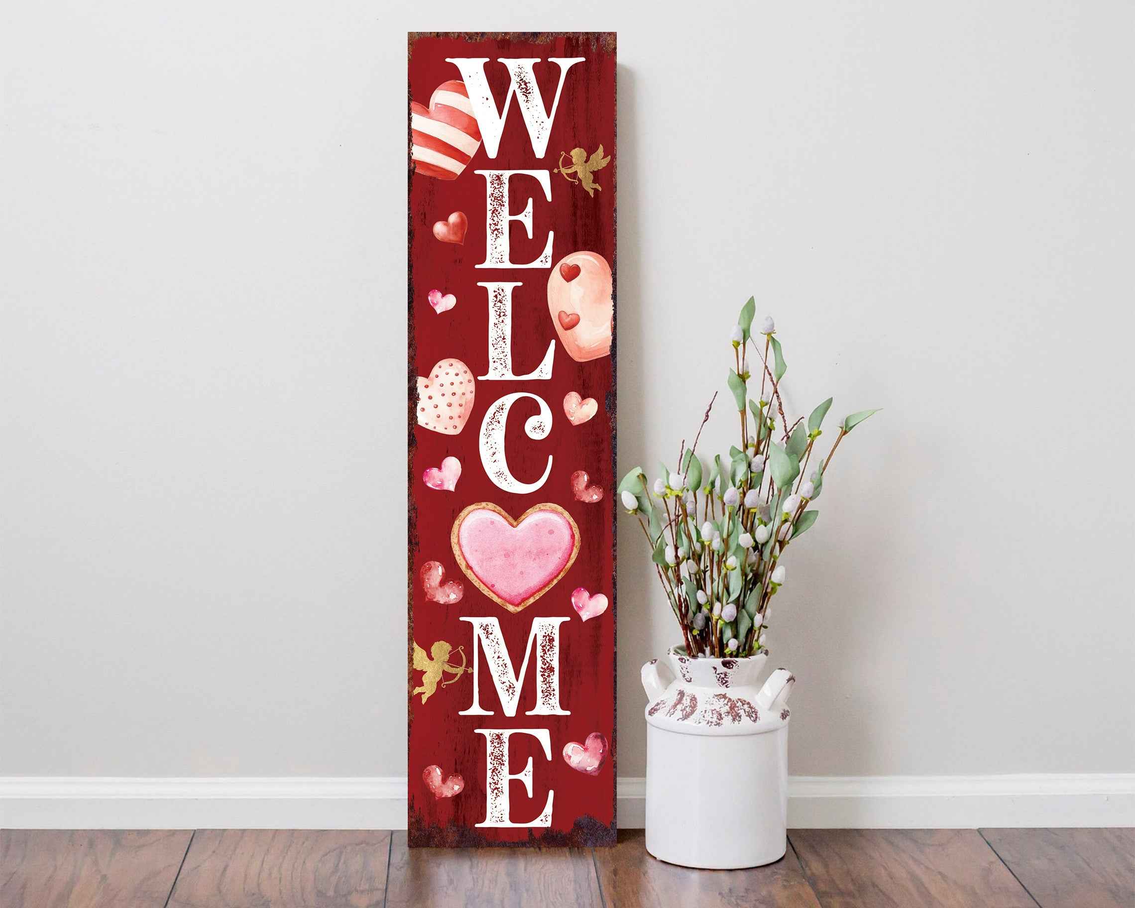 36" Pink Red And White Solid Wood Welcome Valentine's Day Porch Sign