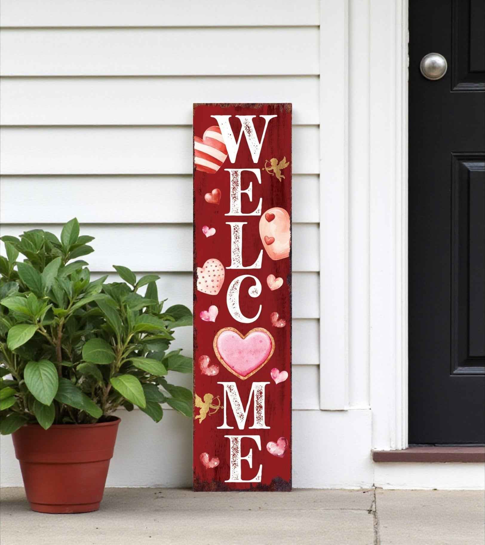 36" Pink Red And White Solid Wood Welcome Valentine's Day Porch Sign