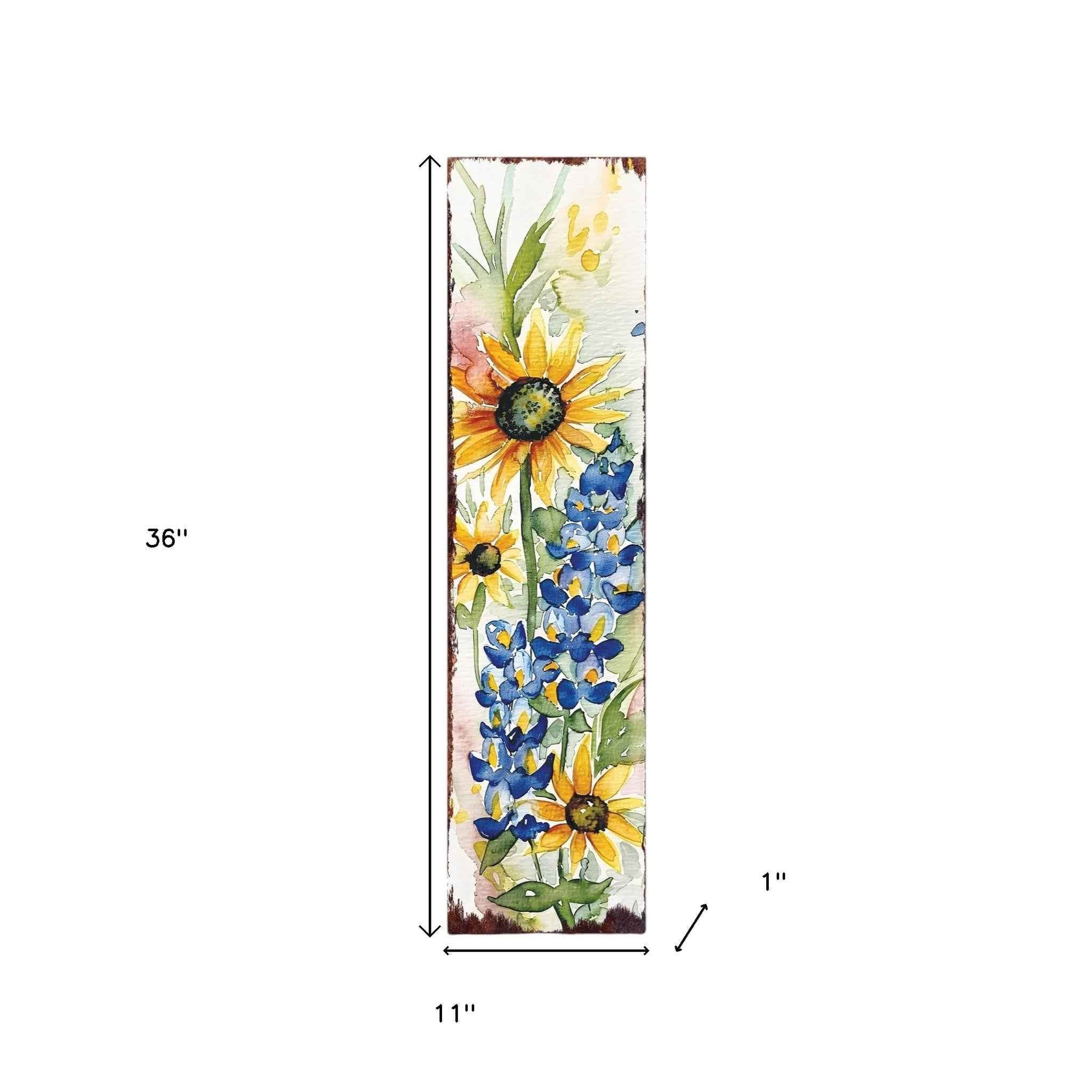 36" White Yellow Blue And Green Solid Wood Sunflower and Wildflowers Porch Sign