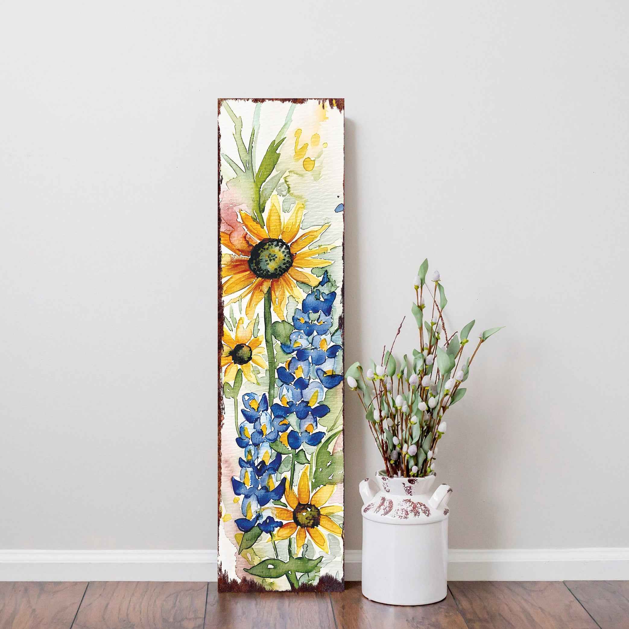 36" White Yellow Blue And Green Solid Wood Sunflower and Wildflowers Porch Sign