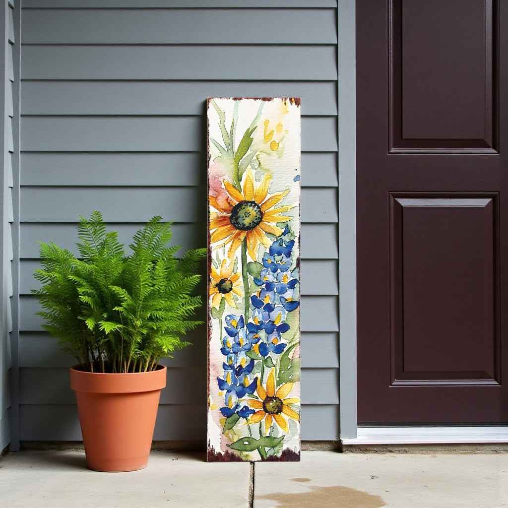 36" White Yellow Blue And Green Solid Wood Sunflower and Wildflowers Porch Sign
