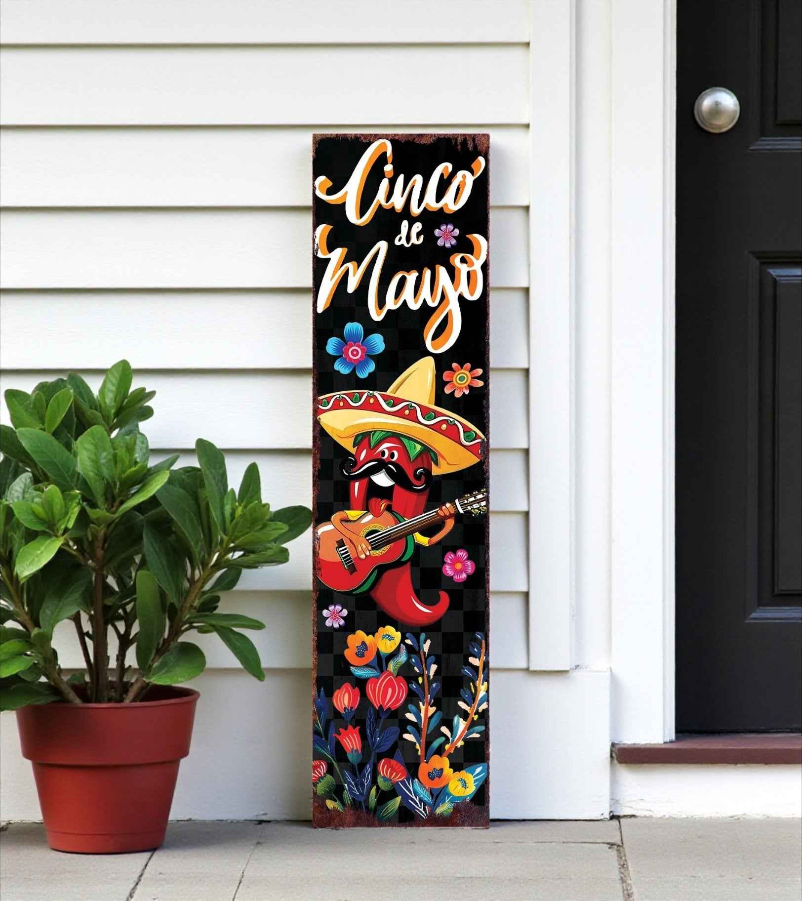 36" Black Red And Green Solid Wood Cinco de Mayo Tree Porch Sign