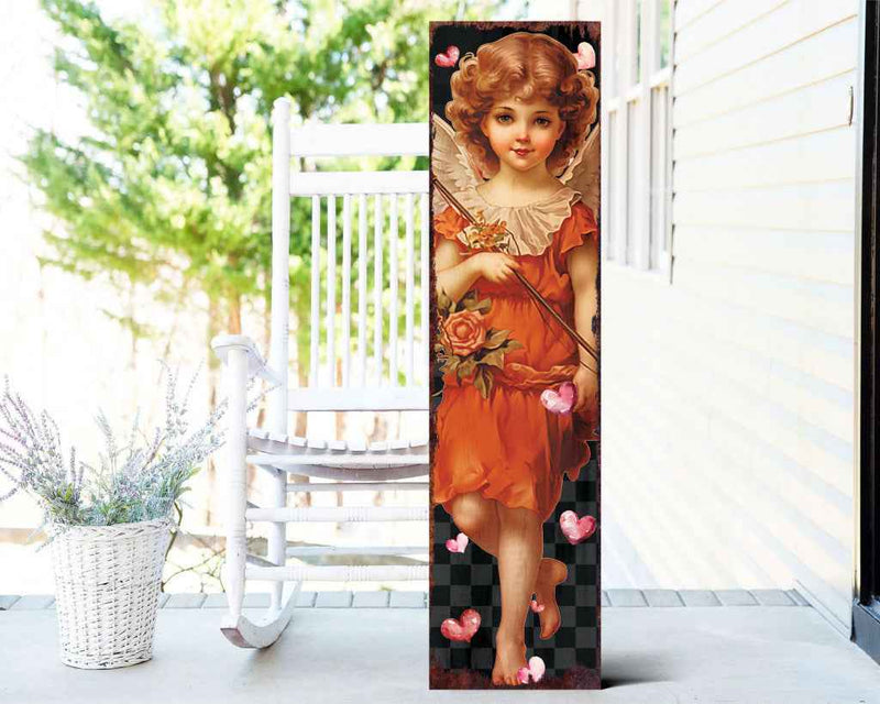 36" Black Gold And Pink Solid Wood Valentine's Day Cupid Porch Sign