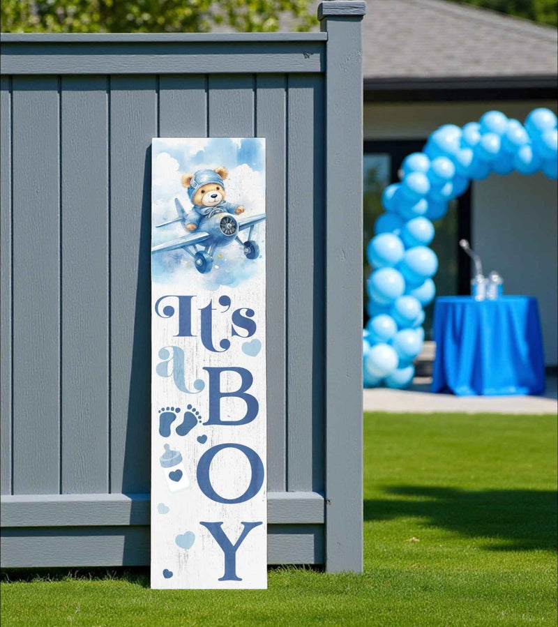 36" Blue And White Solid Wood New Baby Porch Sign