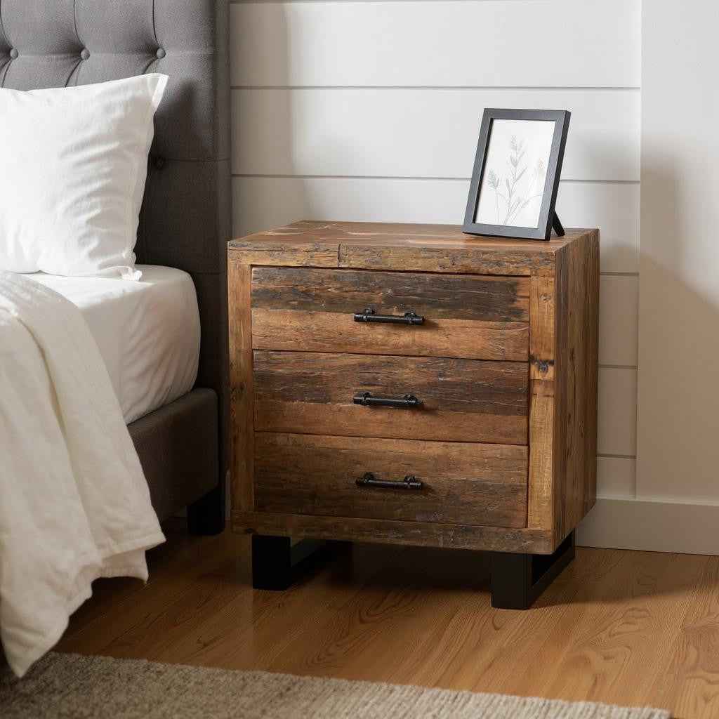 30" Dark Brown Solid Wood Distressed Three Drawer Nightstand
