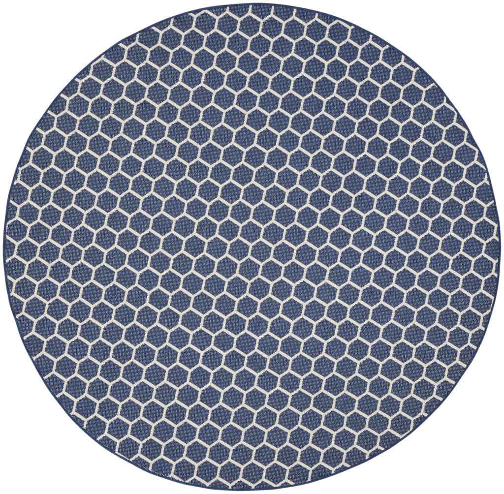 8' Navy Blue And Ivory Geometric Indoor Outdoor Area Rug