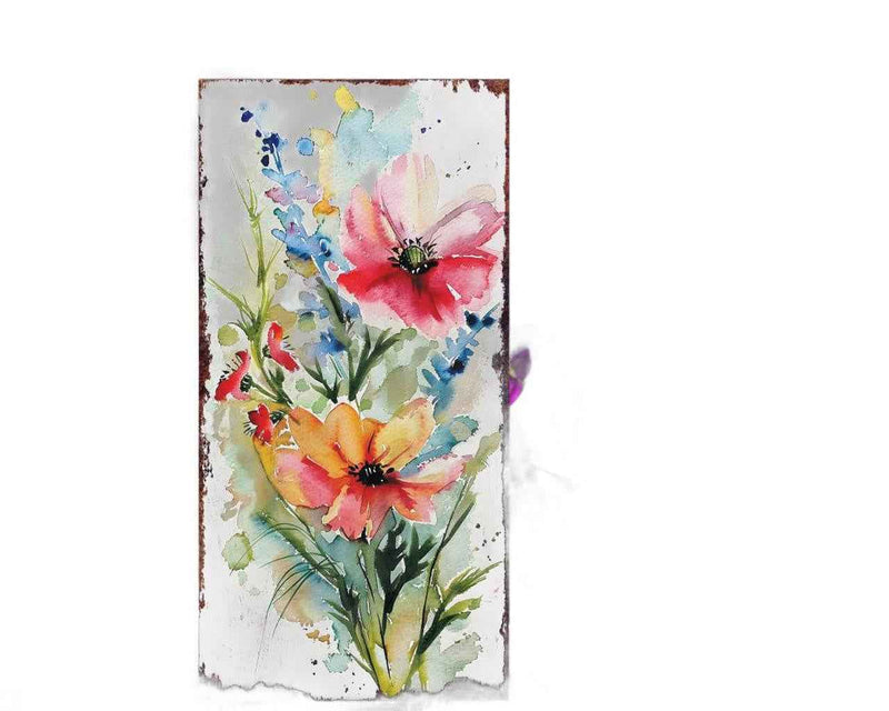 30" Blue Green Pink And White Solid Wood Watercolor Floral Garden Stake