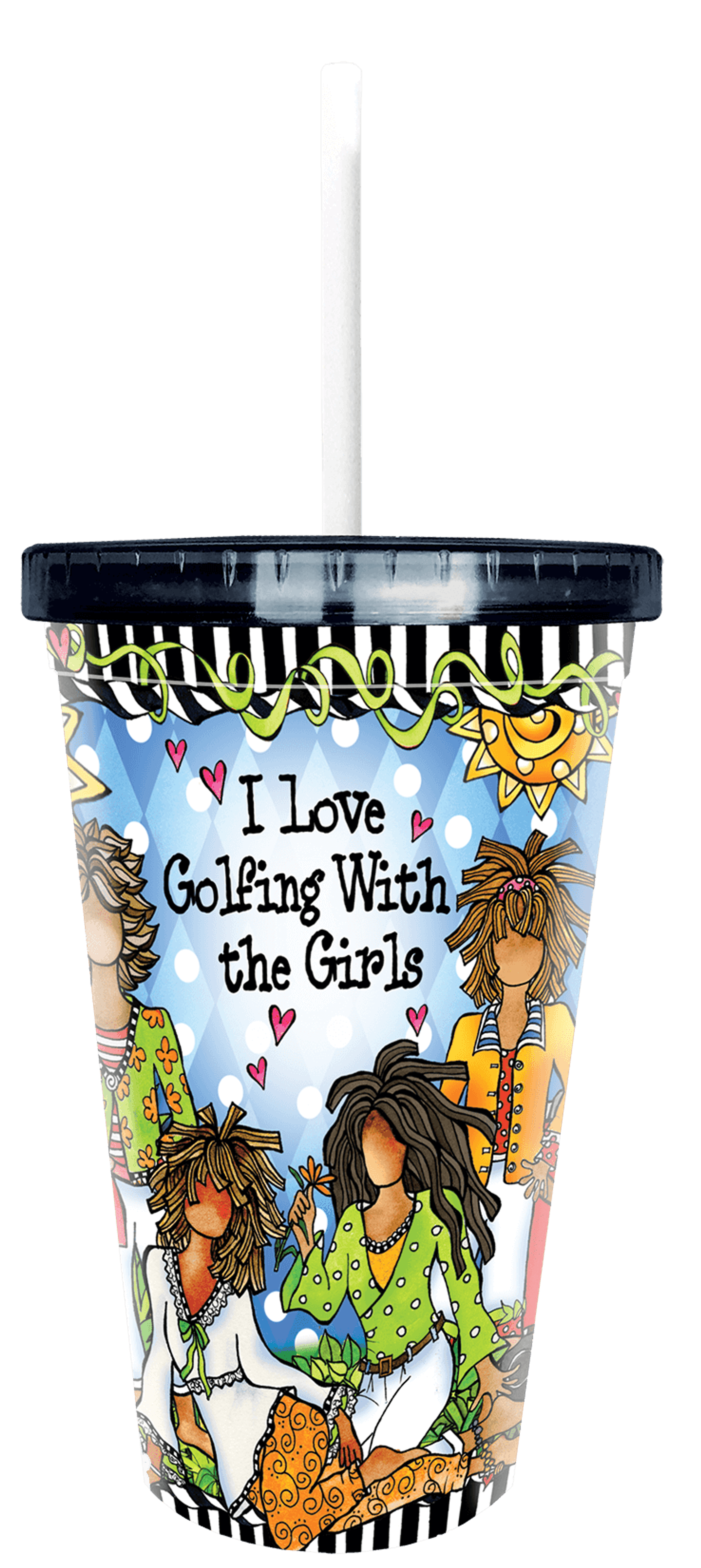 Wacky COOL cup with 'I Love Golfing With the Girls' cartoon graphic and straw