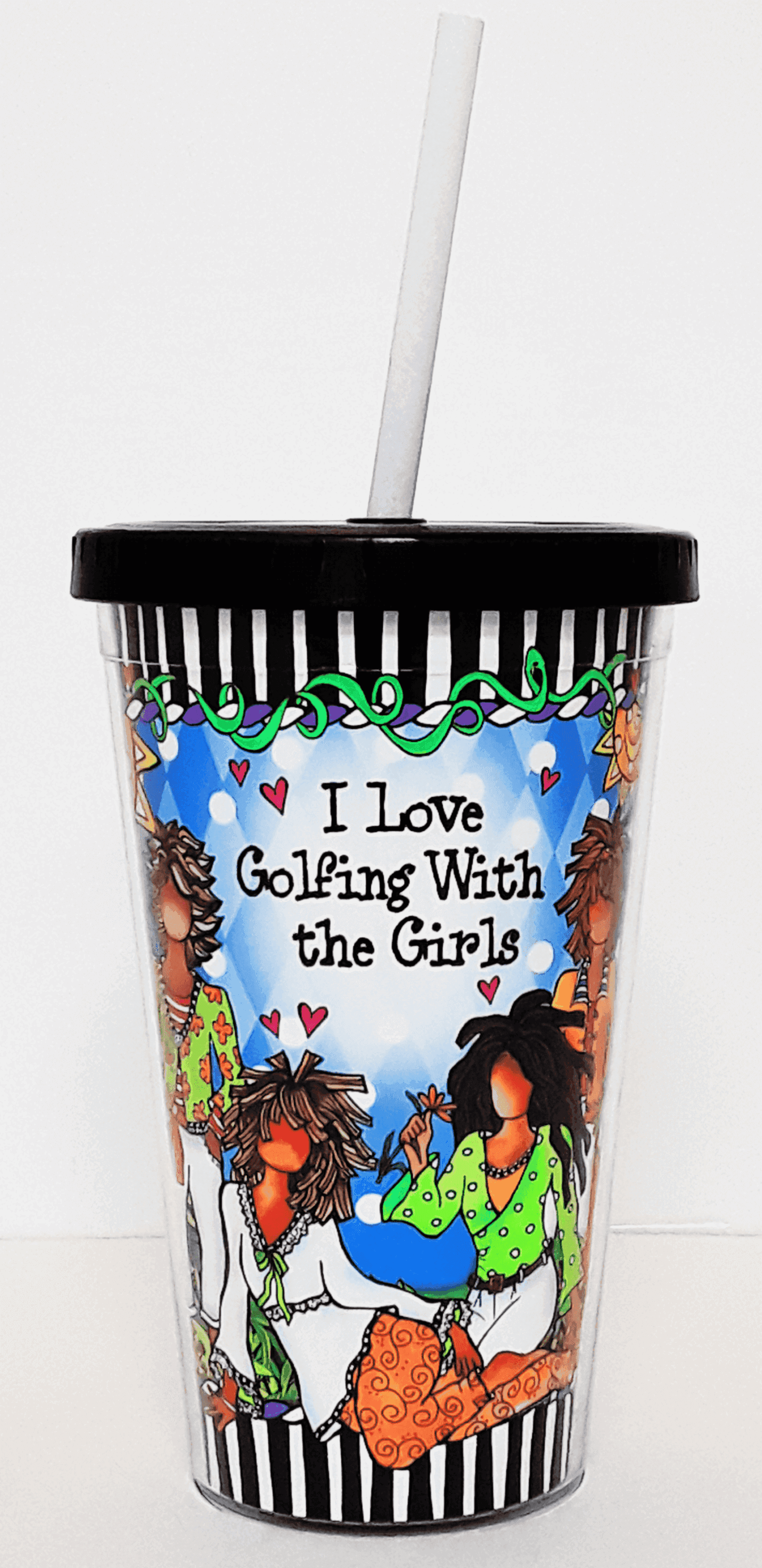 COOL cup with 'I Love Golfing With the Girls' graphic, black lid and white straw