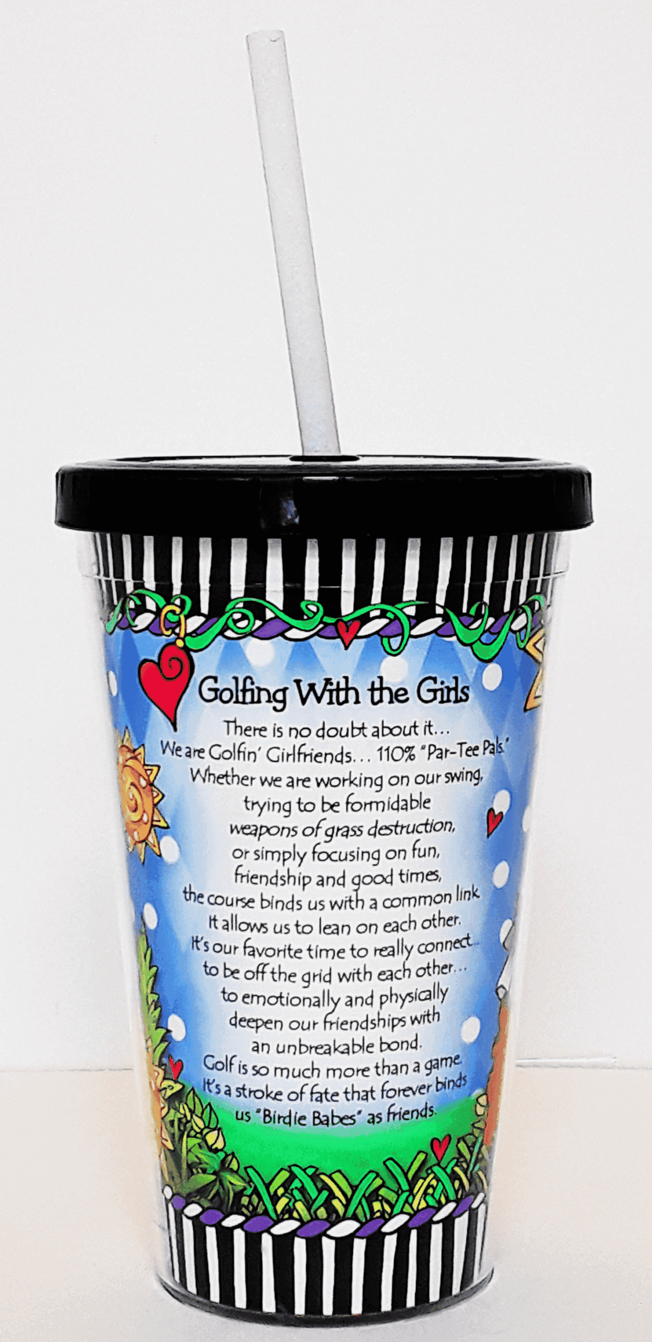 COOL cup with blue message text about 'Golfing With the Girls' and colorful border