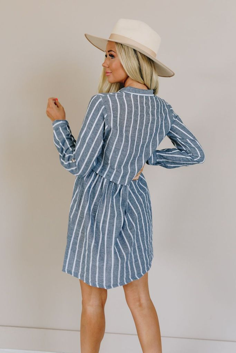Back view of blue and white striped button-front dress with long sleeves and side pockets