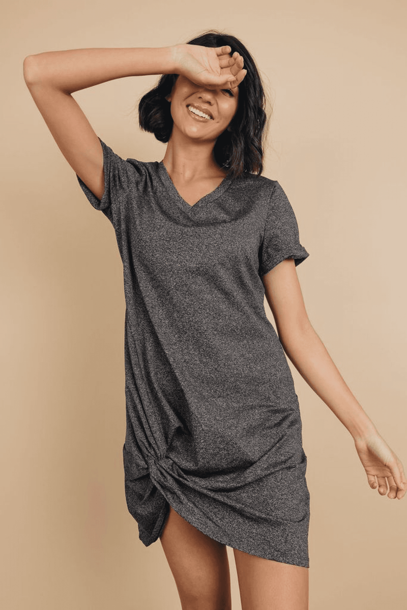 Dark gray heather knotted mini dress, V-neck short sleeves with side drape