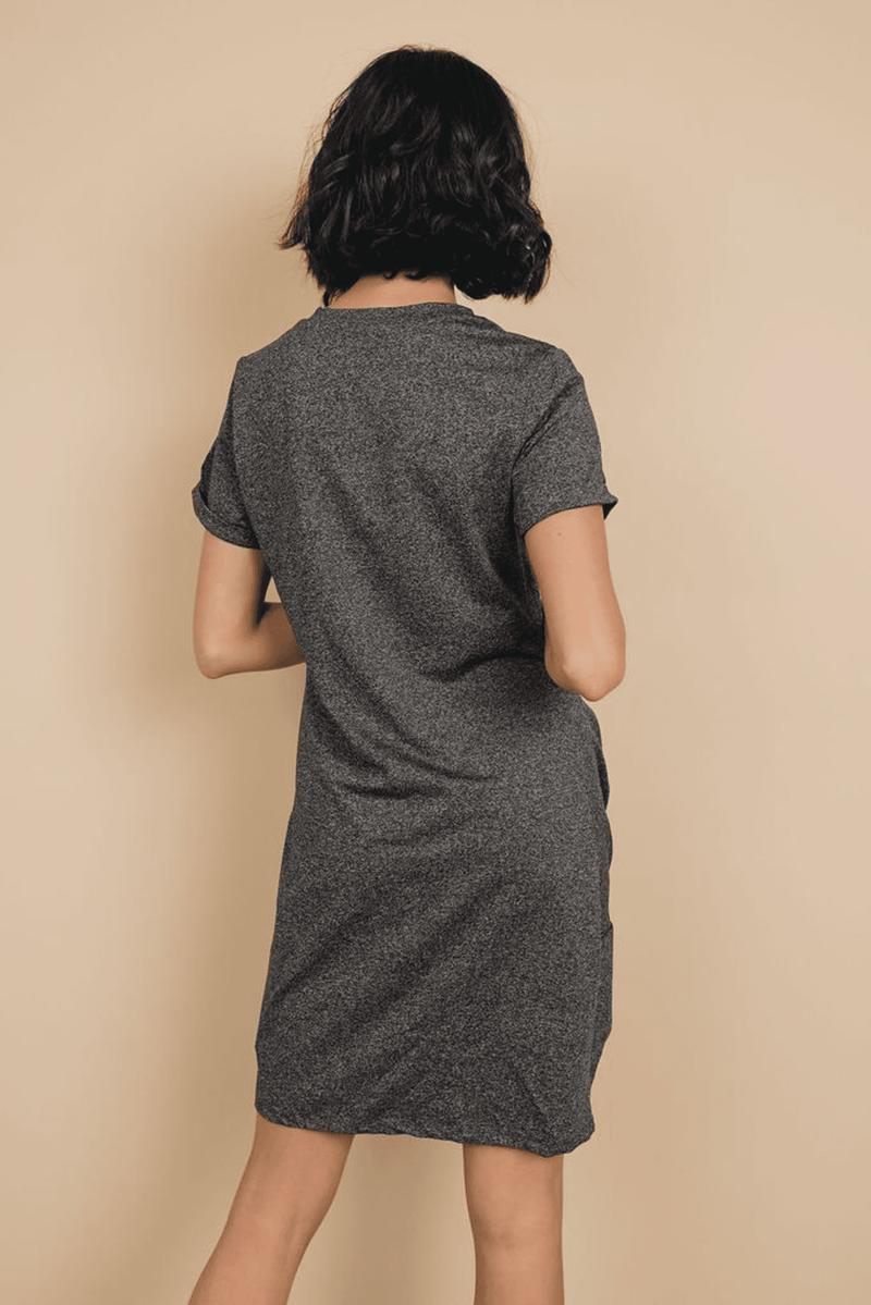 Dark gray heather knotted mini dress, back view, short sleeves and V-neck