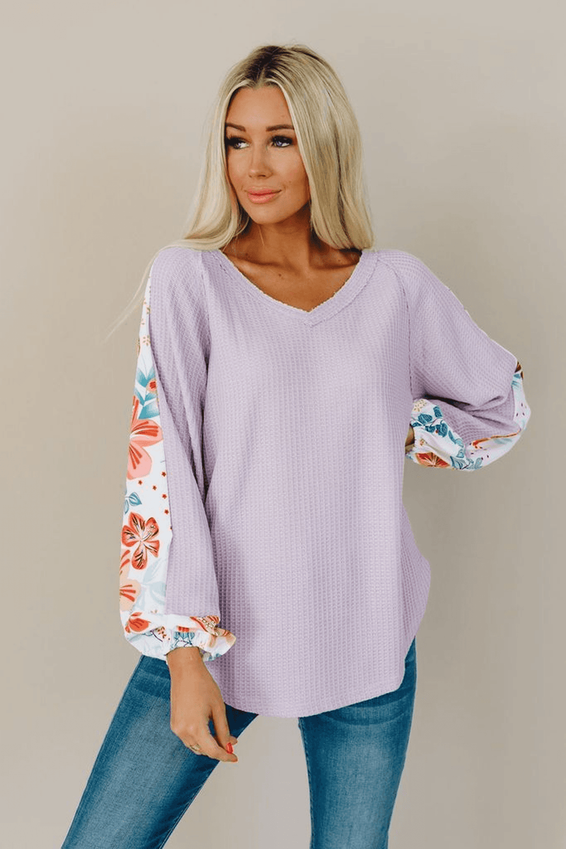 Lavender waffle-knit thermal top with V-neck and floral cuff long sleeves