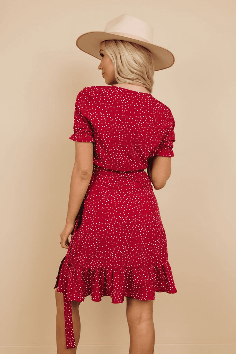 Petey red dotted wrap dress, ruffled tiered hem and back tie detail