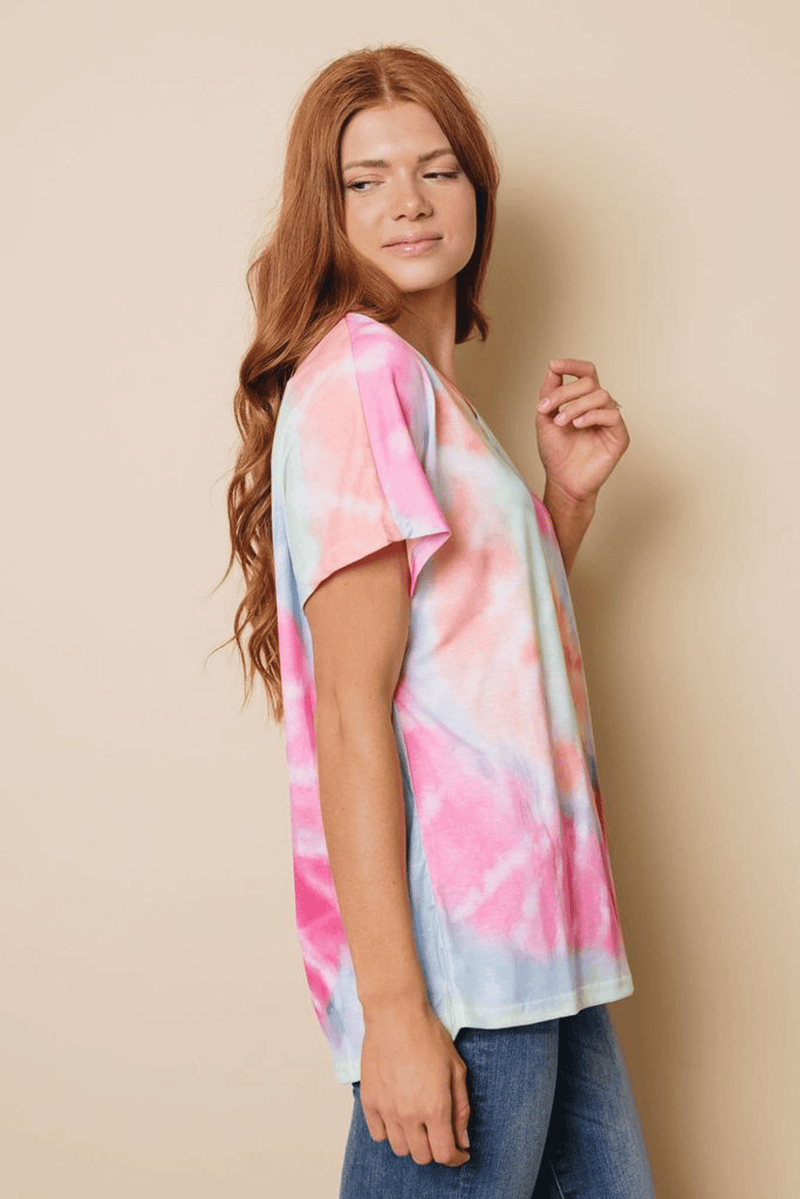 Pastel tie-dye V-neck short-sleeve t-shirt, angled side view