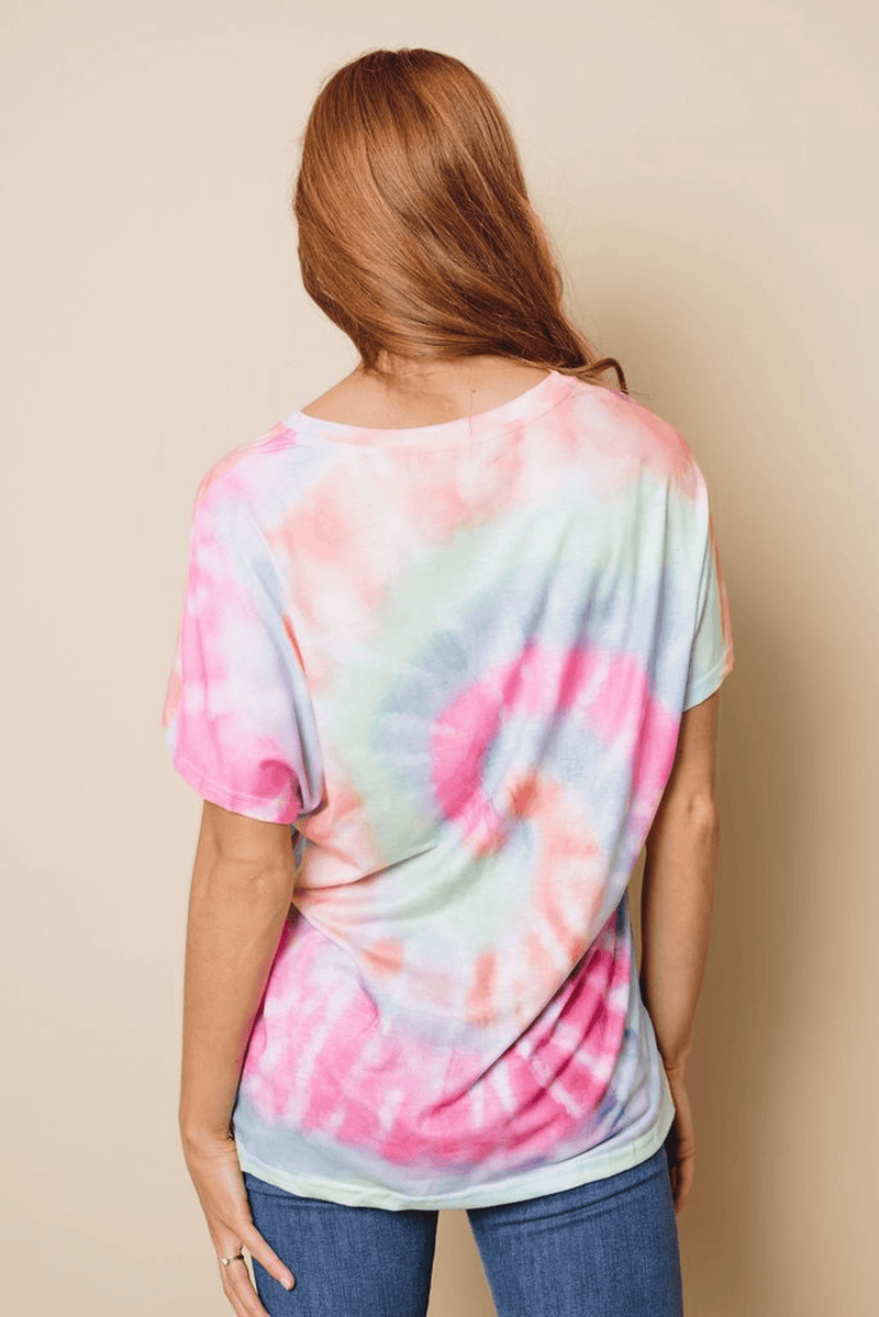 Pastel tie-dye V-neck short-sleeve t-shirt, back angled view