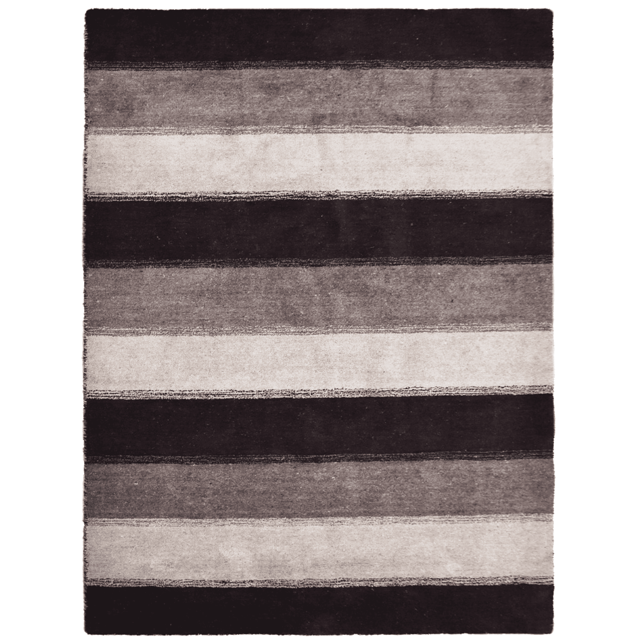 Hand-knotted area rug with horizontal bands in dark brown, taupe, and cream.