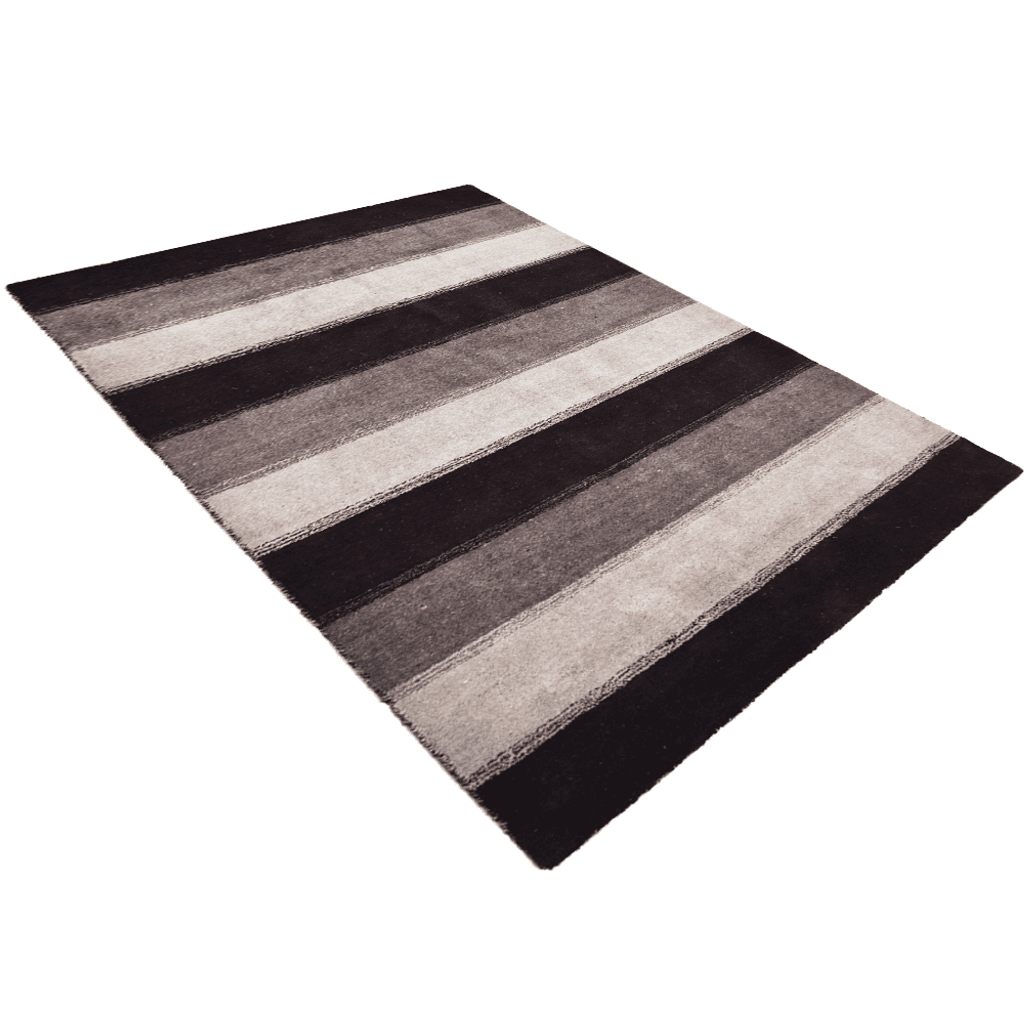 Hand-knotted area rug with wide vertical stripes in dark brown, beige, and gray.