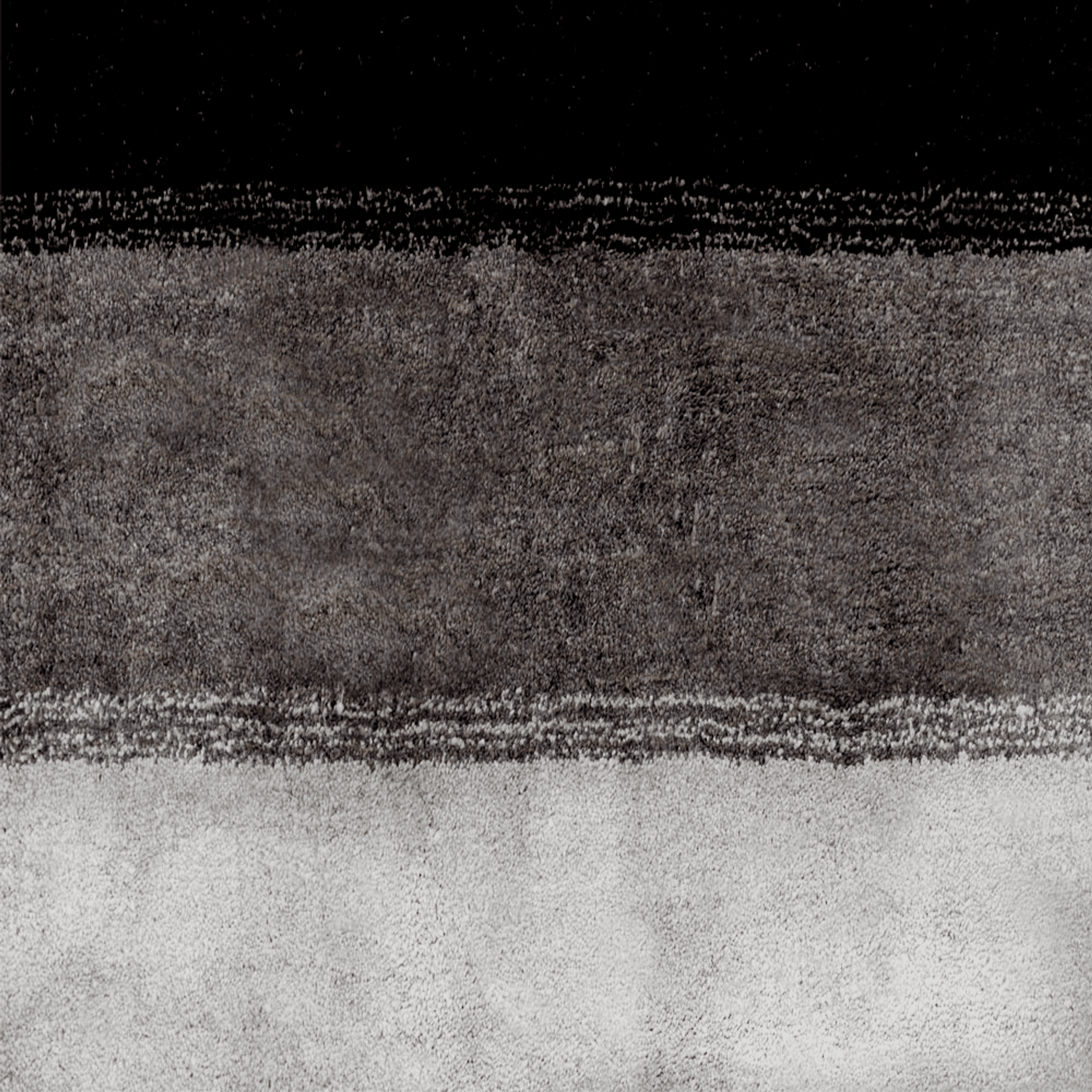 Rug pile close-up with mottled gray texture and a dark border band.