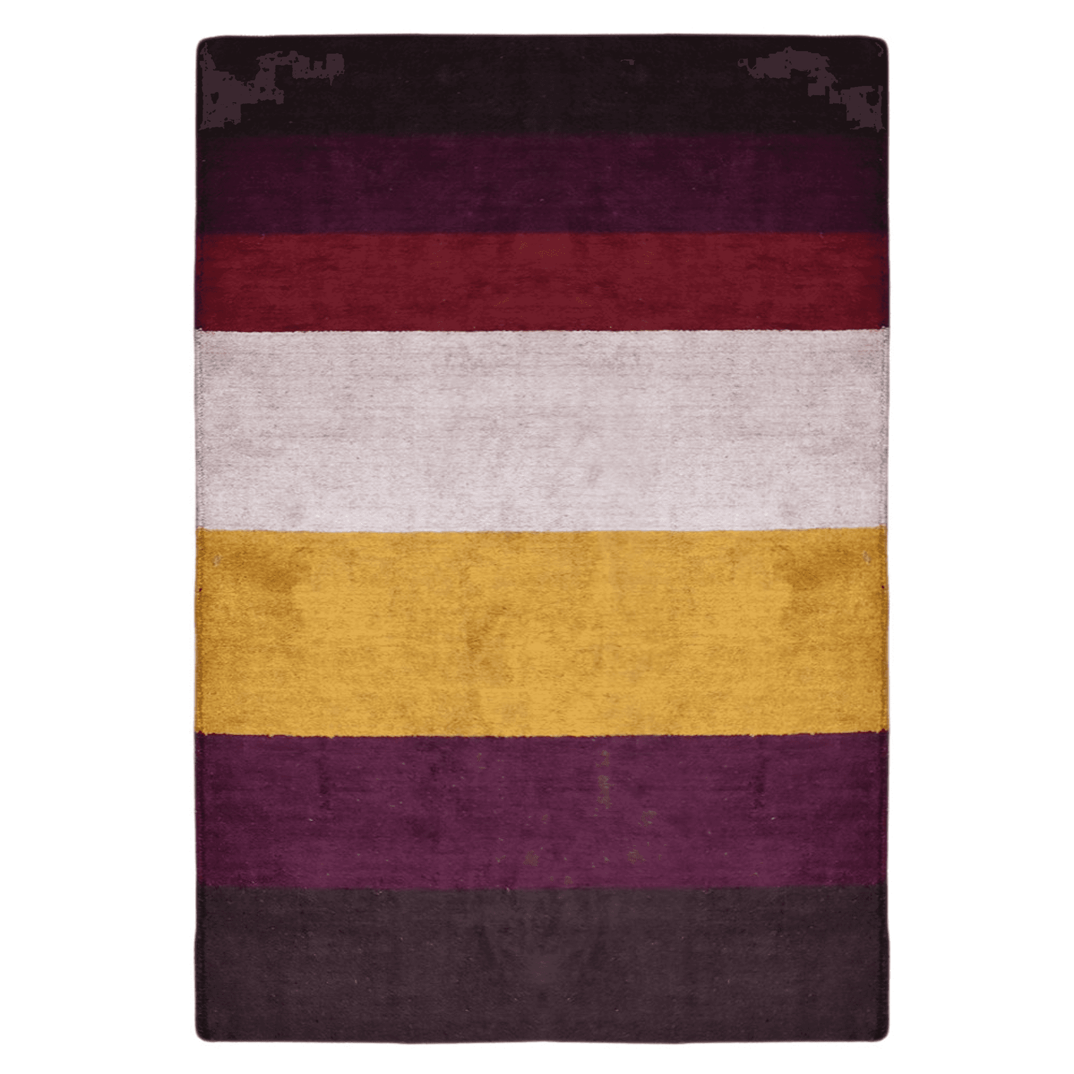 Area rug front view with horizontal stripe bands in burgundy, cream, gold, and dark purple