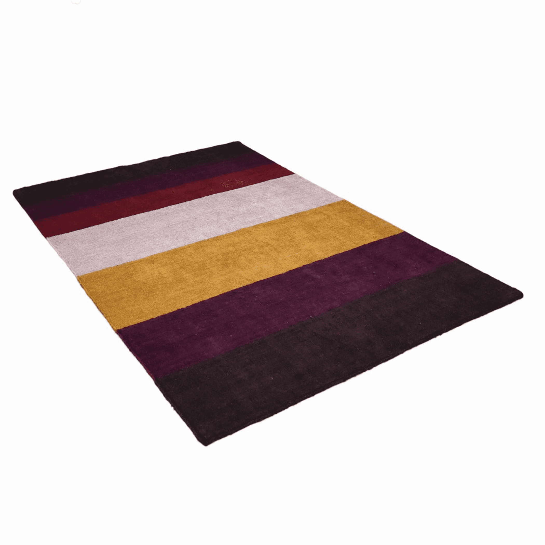 Diagonal stripe area rug in burgundy, cream, gold, and dark purple