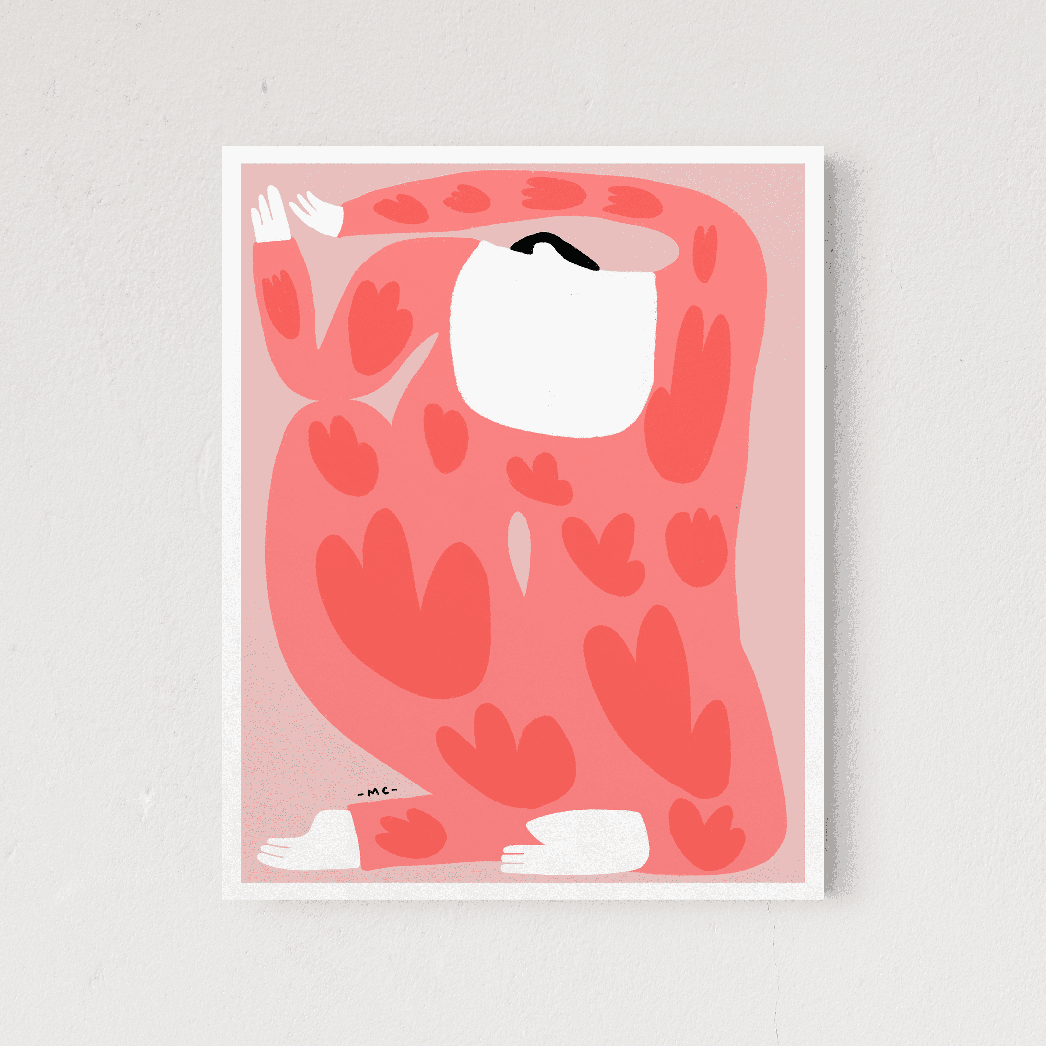 Framed wall art print with red camouflage heart pattern and white cat silhouette