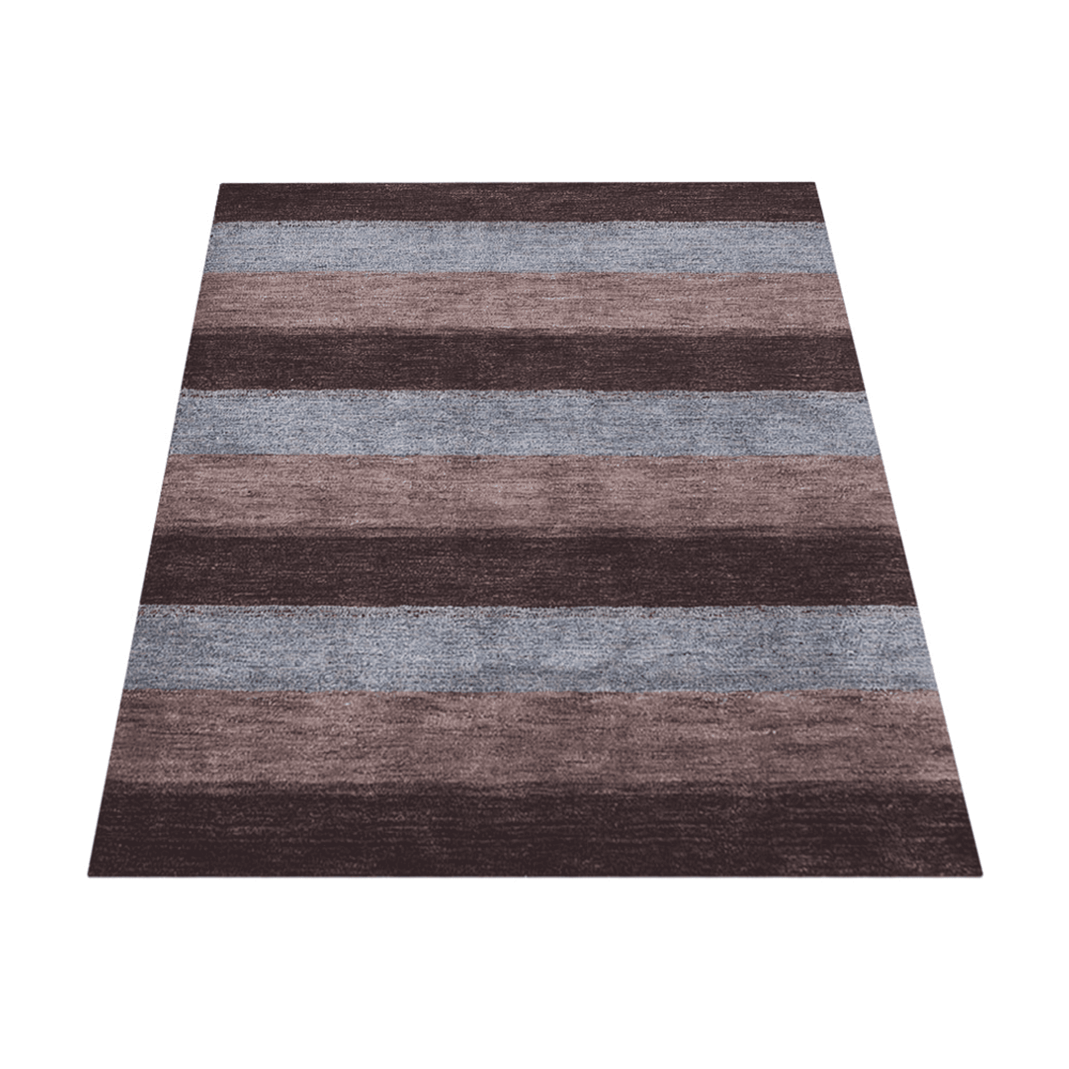 Contemporary striped area rug with maroon, brown, and blue horizontal bands