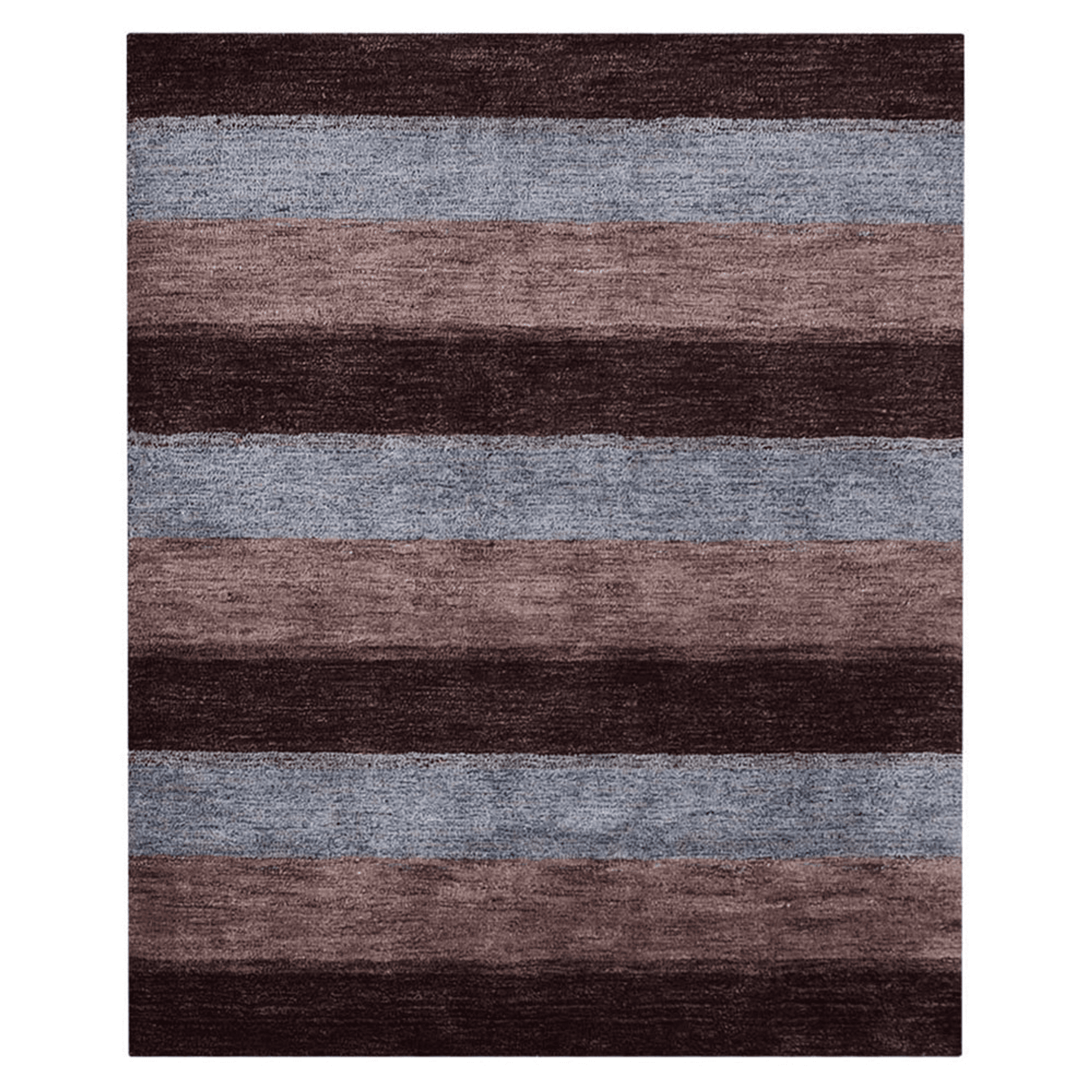 Straight-on view of a contemporary striped area rug with maroon, brown, and blue bands
