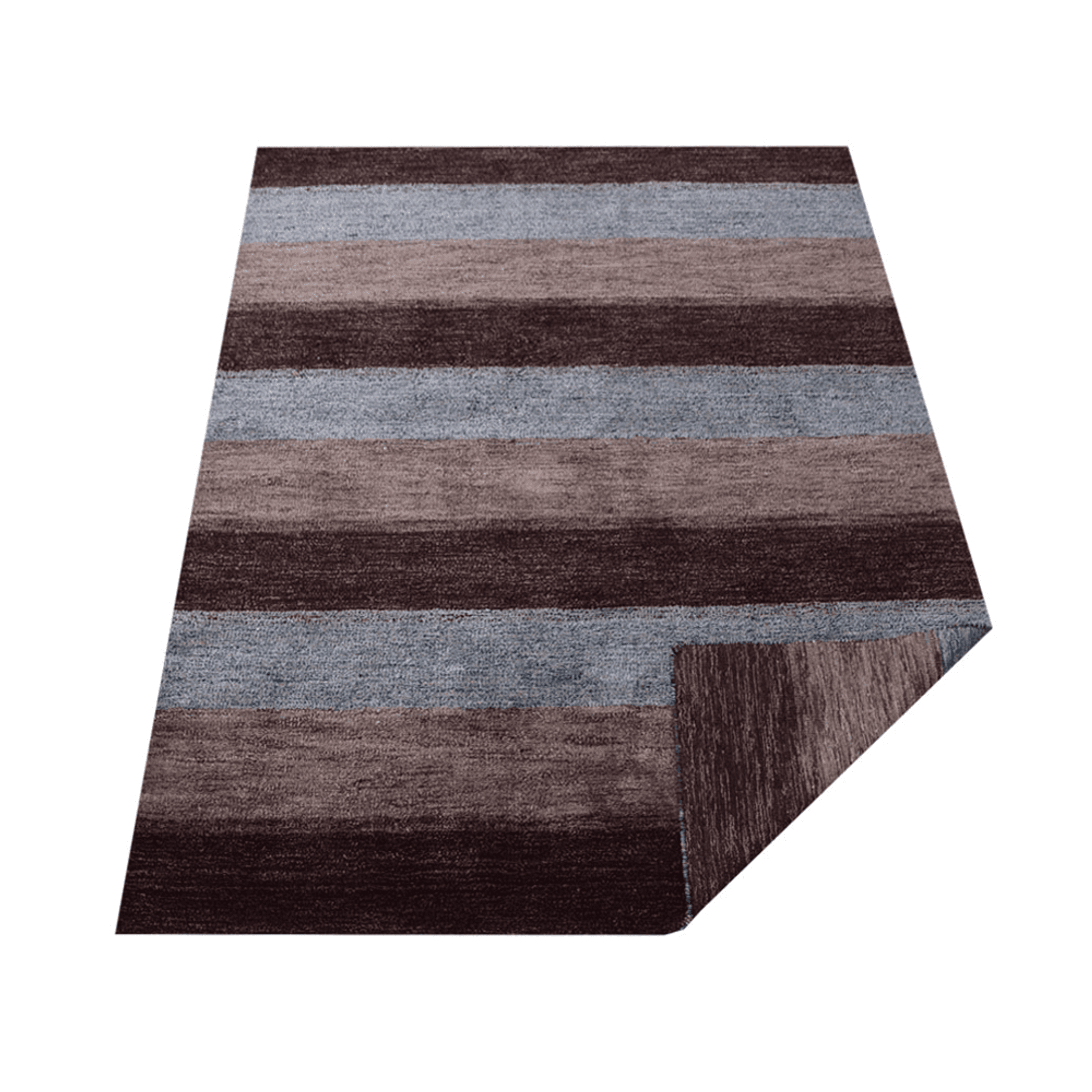 Striped area rug corner showing maroon, brown, and blue horizontal bands