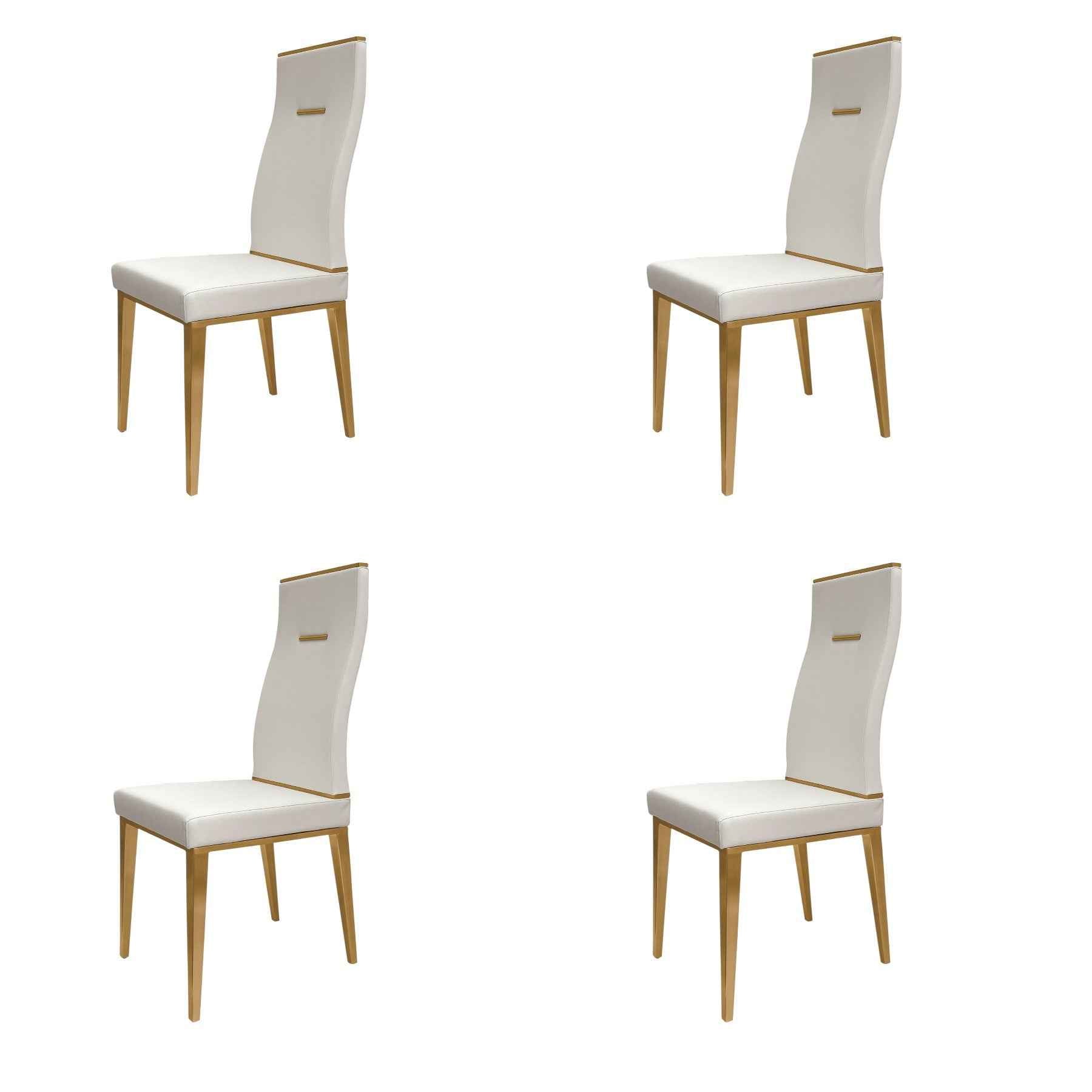 Set of Four White and Gold Upholstered Faux Leather Dining Side Chairs