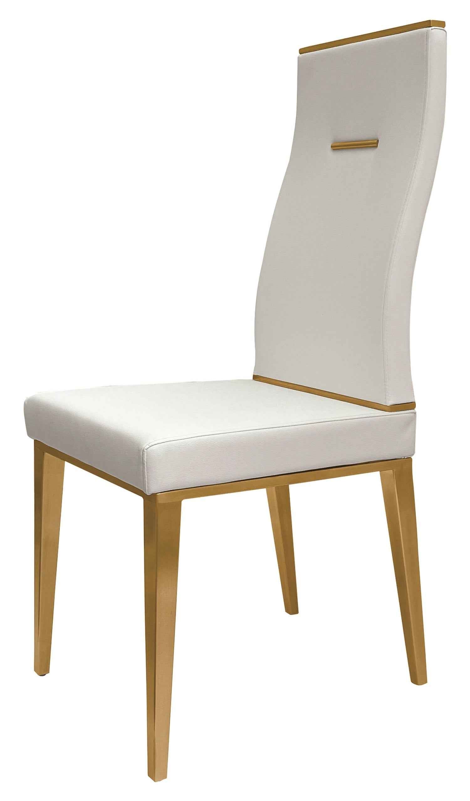 Set of Four White and Gold Upholstered Faux Leather Dining Side Chairs