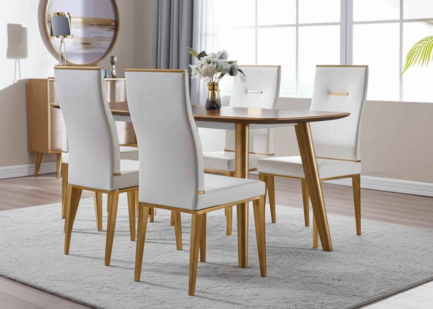 Set of Four White and Gold Upholstered Faux Leather Dining Side Chairs