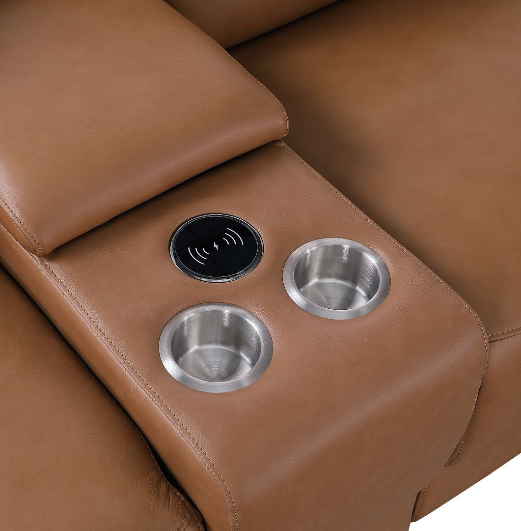 129" Chestnut Italian Leather Reclining USB Sofa - Living Room