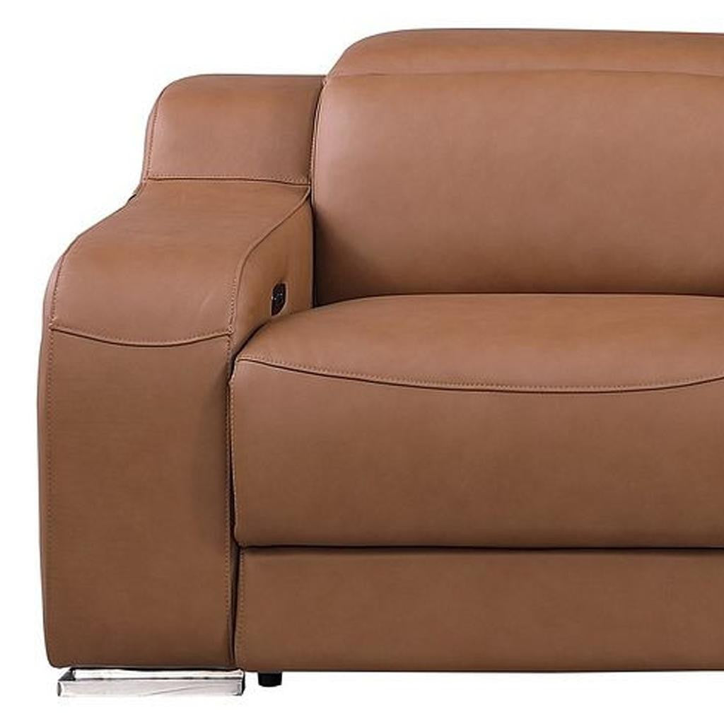 129" Chestnut Italian Leather Reclining USB Sofa - Living Room