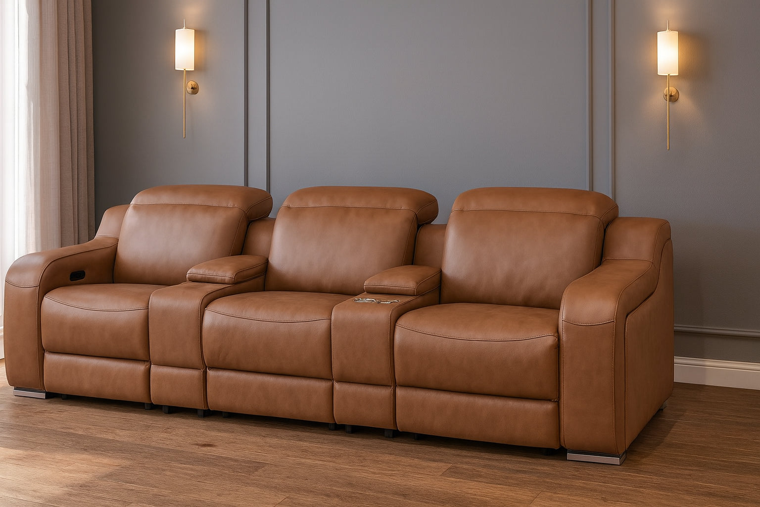 129" Chestnut Italian Leather Reclining USB Sofa - Living Room