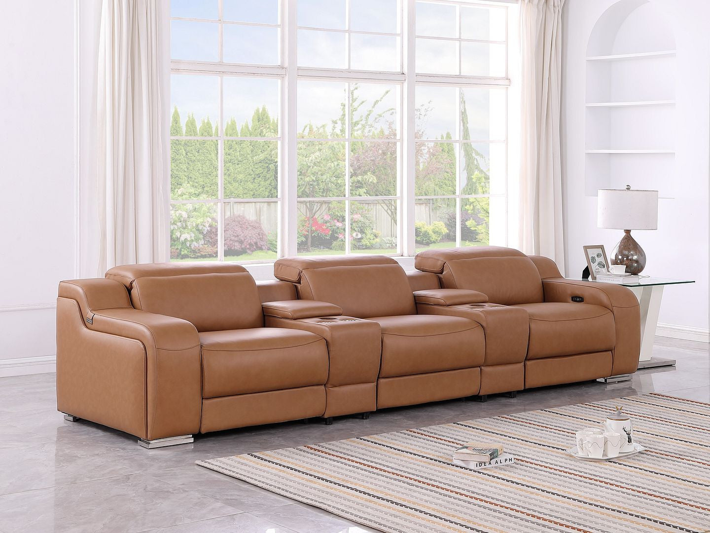129" Chestnut Italian Leather Reclining USB Sofa - Living Room
