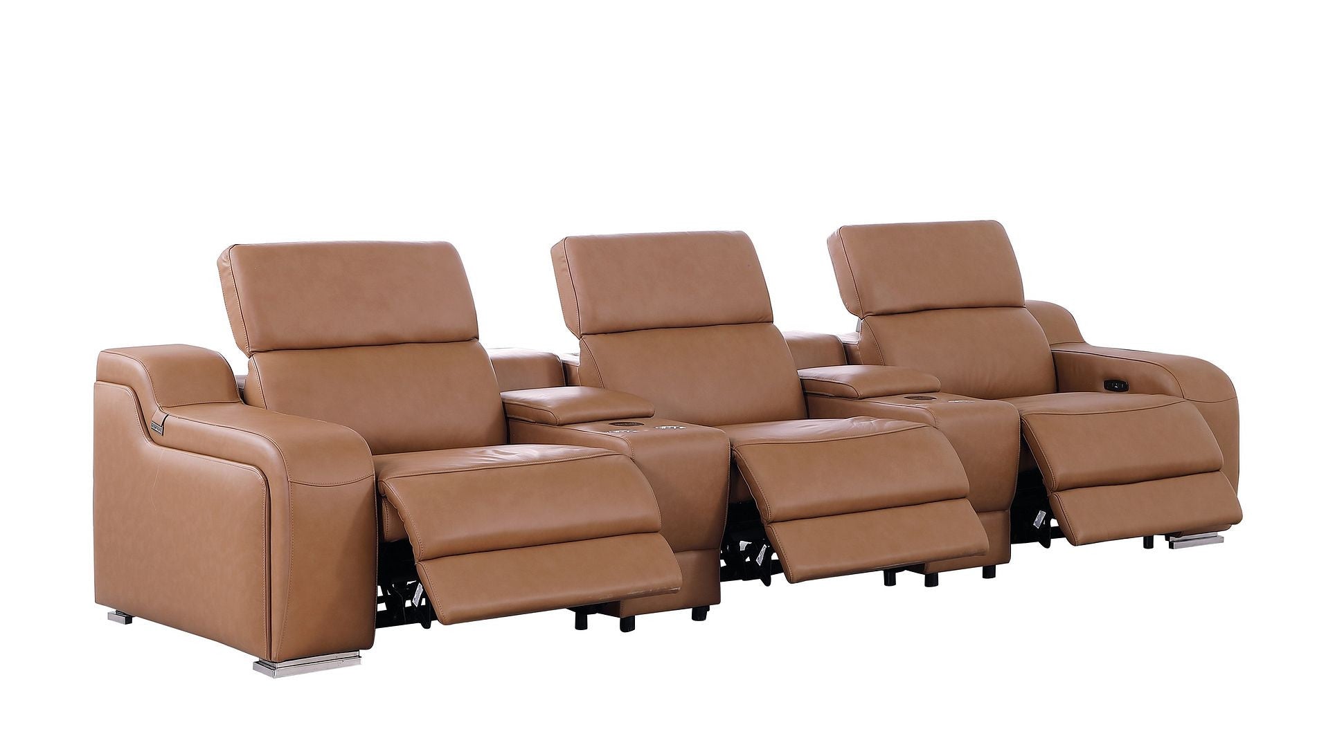 129" Chestnut Italian Leather Reclining USB Sofa - Living Room