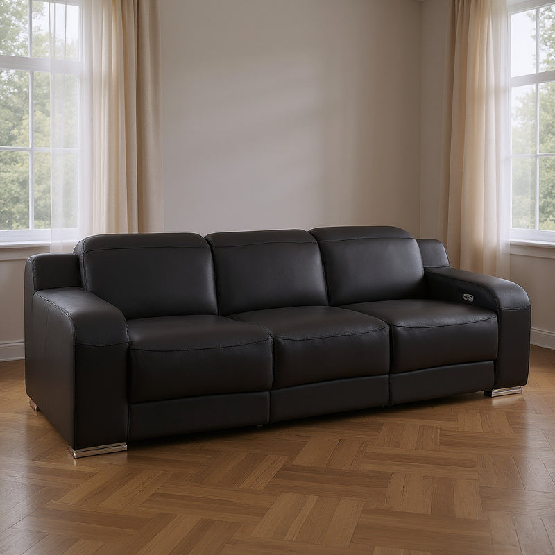 103" Black Italian Leather Reclining USB Sofa - Living Room