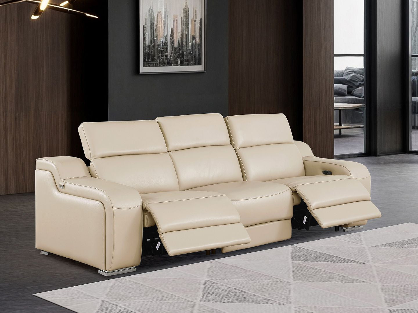 103" Beige Italian Leather Reclining USB Sofa - Living Room